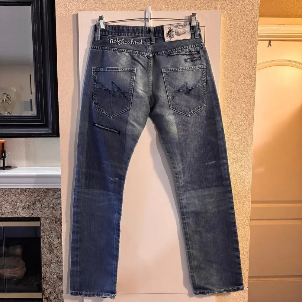 Neighborhood Men’s Narrow Straight Selvage Denim Jean SZ 32 Embroidered Grunge